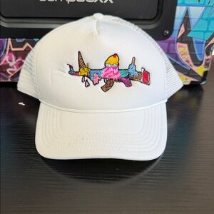 White Trucker Hat with Colorful Embroidery